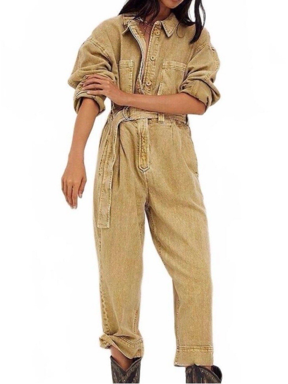 Free People Tan Utility Denim Jumpsuit